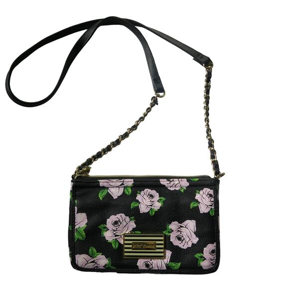 Betsey Johnson Handbags - BETSEY JOHNSON Mini Cross Body Purse Wallet Bag Black/Roses Chain Strap